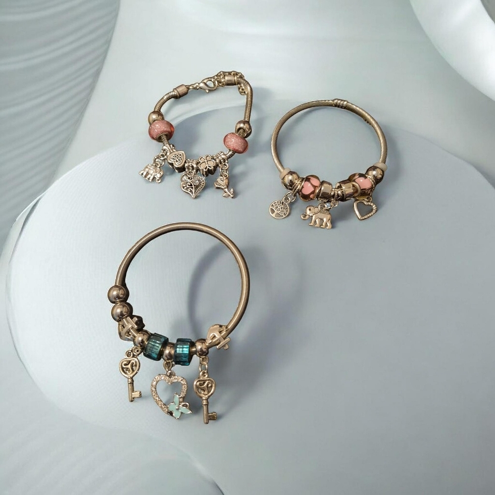3 Silver Tone Charm Bracelets Bundle Set | Pink Blue Heart Key Elephant New